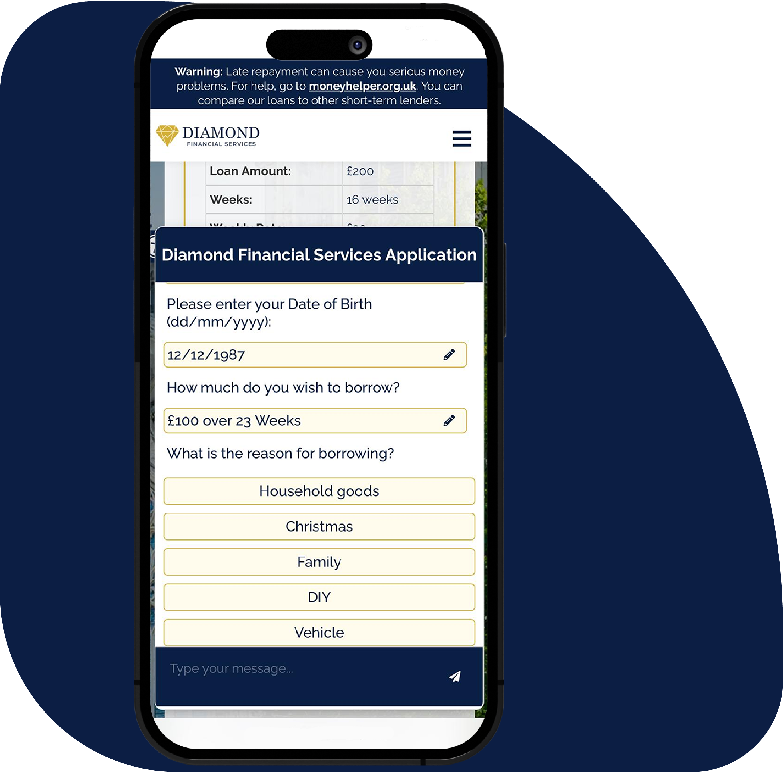Smartphone showing online loan application - Diamond Financial Services mobile process