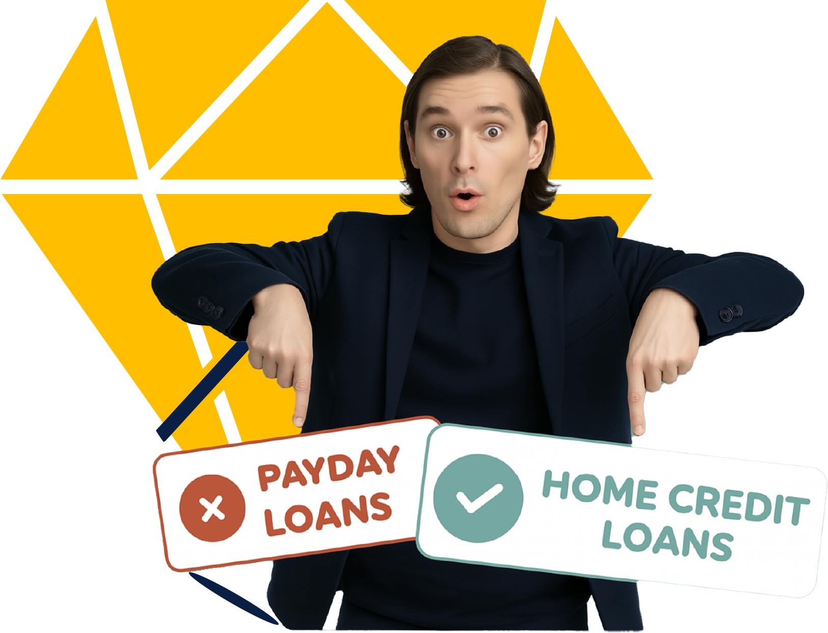 Smiling woman pointing left - explore payday loan alternatives